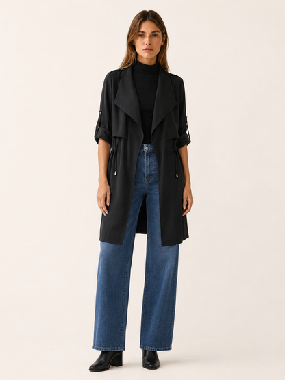 Juliette | Draped Lapel Open Front Long Trench Coat