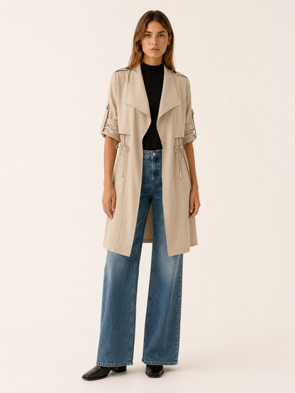 Juliette | Draped Lapel Open Front Long Trench Coat