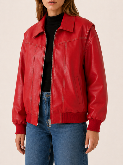 Danielle | Oversized Leather Zip Up Bomber Jacket