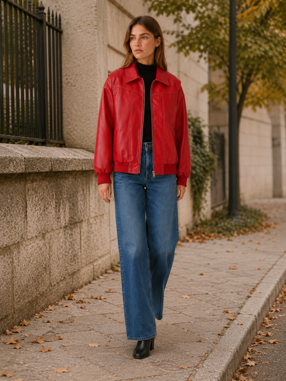 Danielle | Oversized Leather Zip Up Bomber Jacket