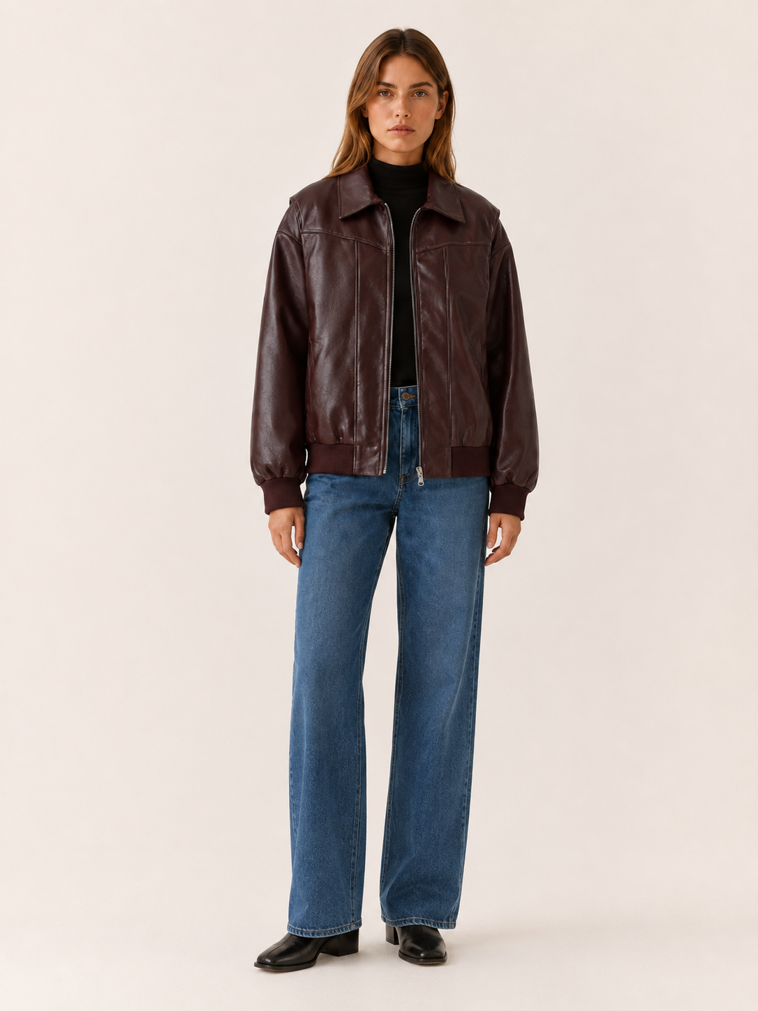 Danielle | Oversized Leather Zip Up Bomber Jacket