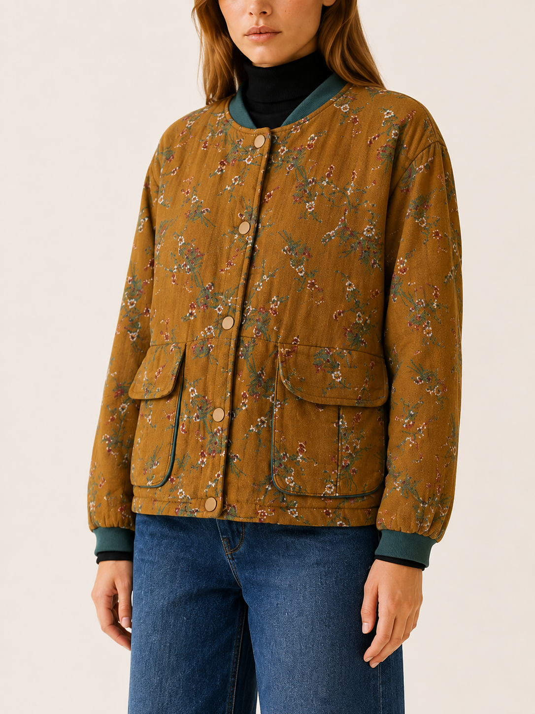 Cecilia | Floral Button Up Pocket Bomber Jacket