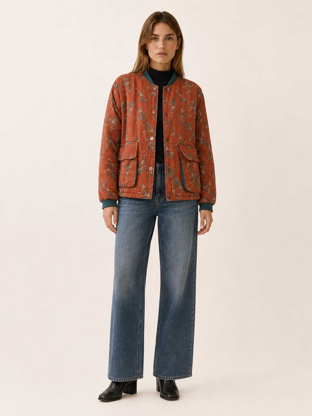 Cecilia | Floral Button Up Pocket Bomber Jacket