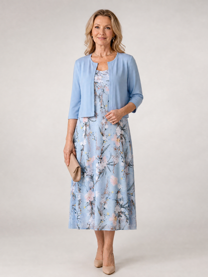 Charlotte | Floral Print Sleeveless Cropped Jacket Midi Dress