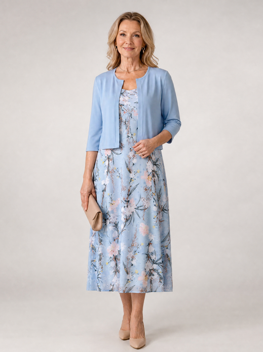 Charlotte | Floral Print Sleeveless Cropped Jacket Midi Dress