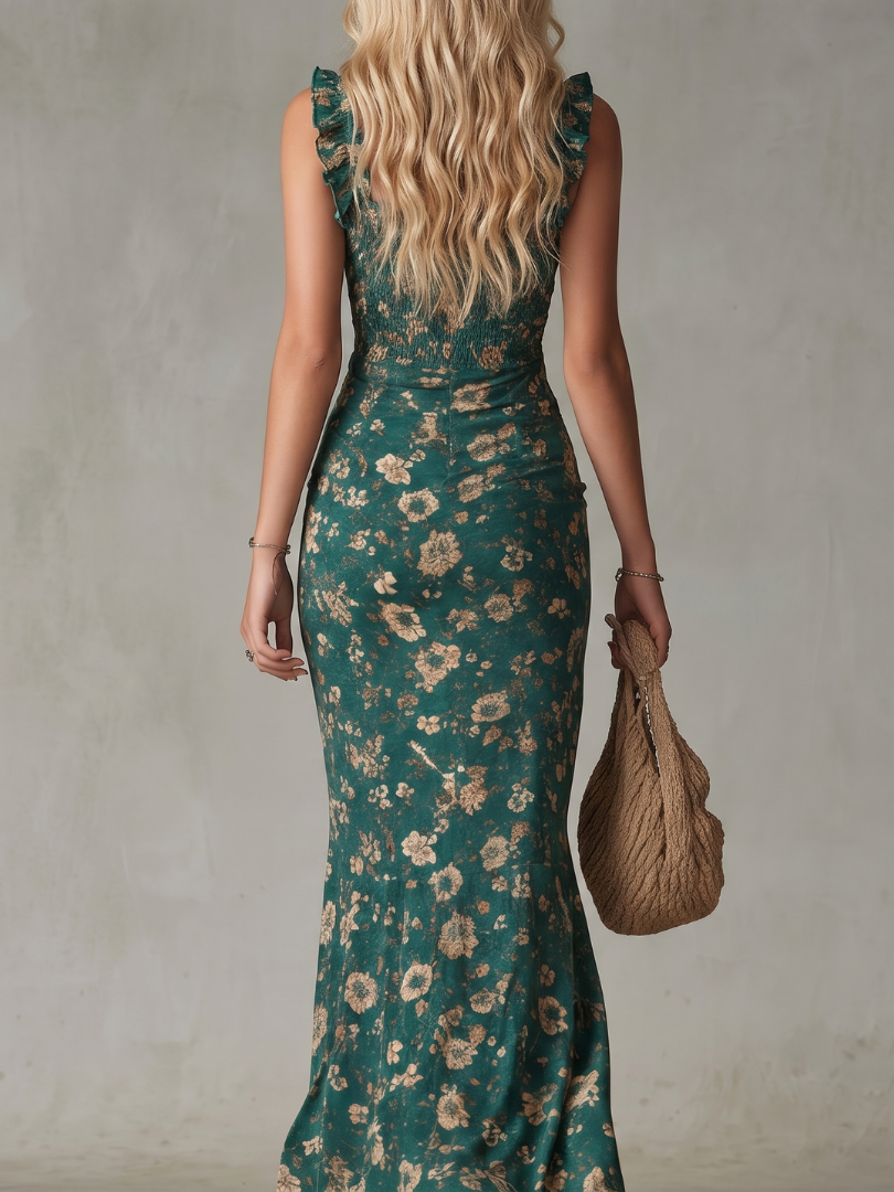 Chloe | Smocked Bodice Ruffle Strap High Slit Midi Dress