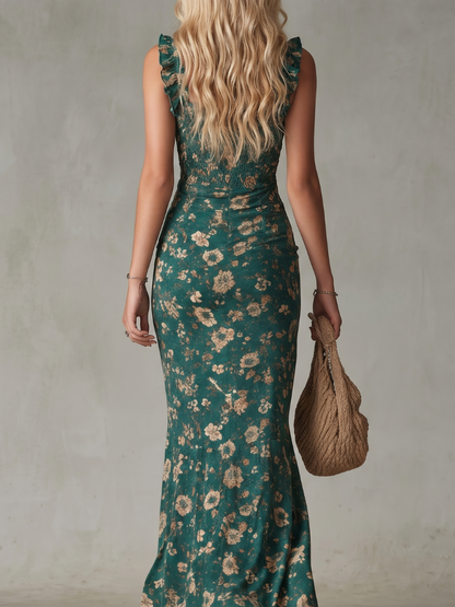 Chloe | Smocked Bodice Ruffle Strap High Slit Midi Dress