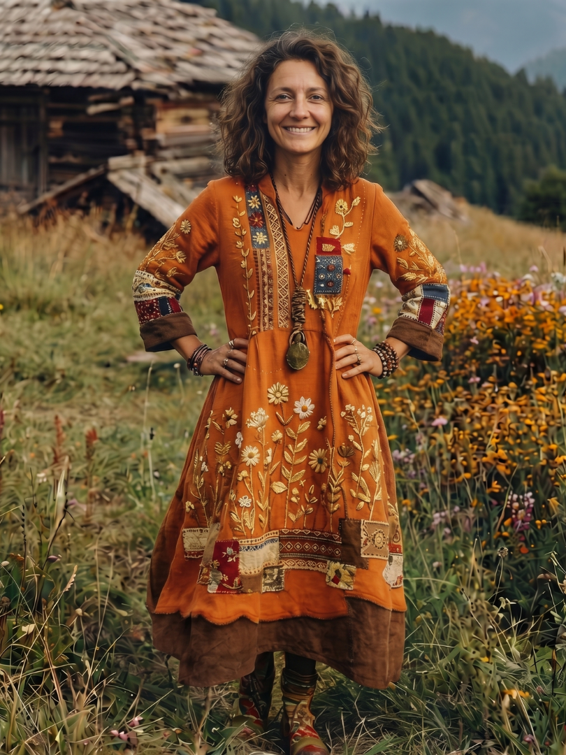Coletta | Embroidered Panel Long Sleeve Midi Dress