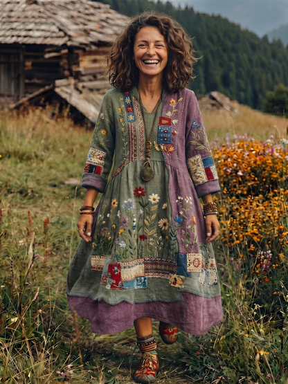 Coletta | Embroidered Panel Long Sleeve Midi Dress