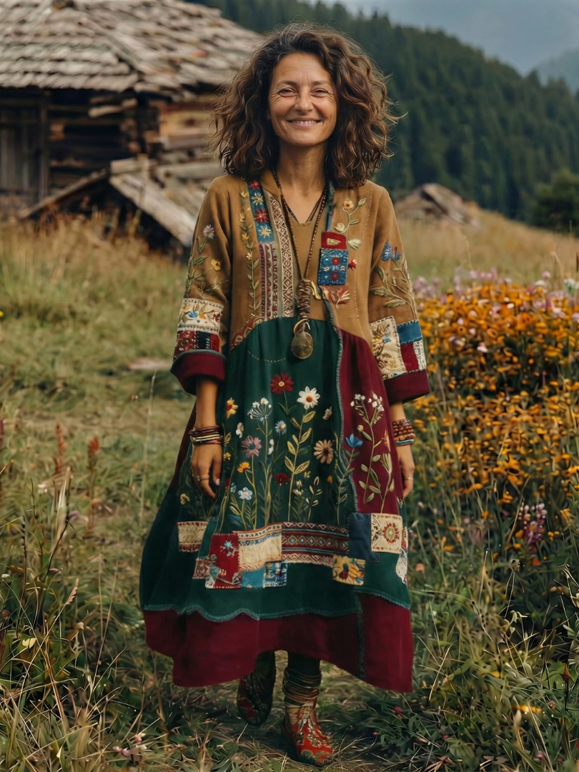 Coletta | Embroidered Panel Long Sleeve Midi Dress