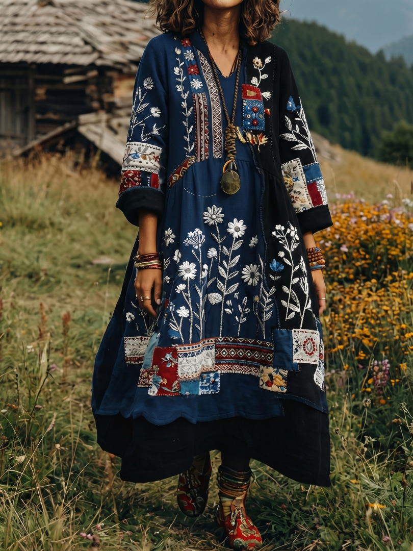 Coletta | Embroidered Panel Long Sleeve Midi Dress