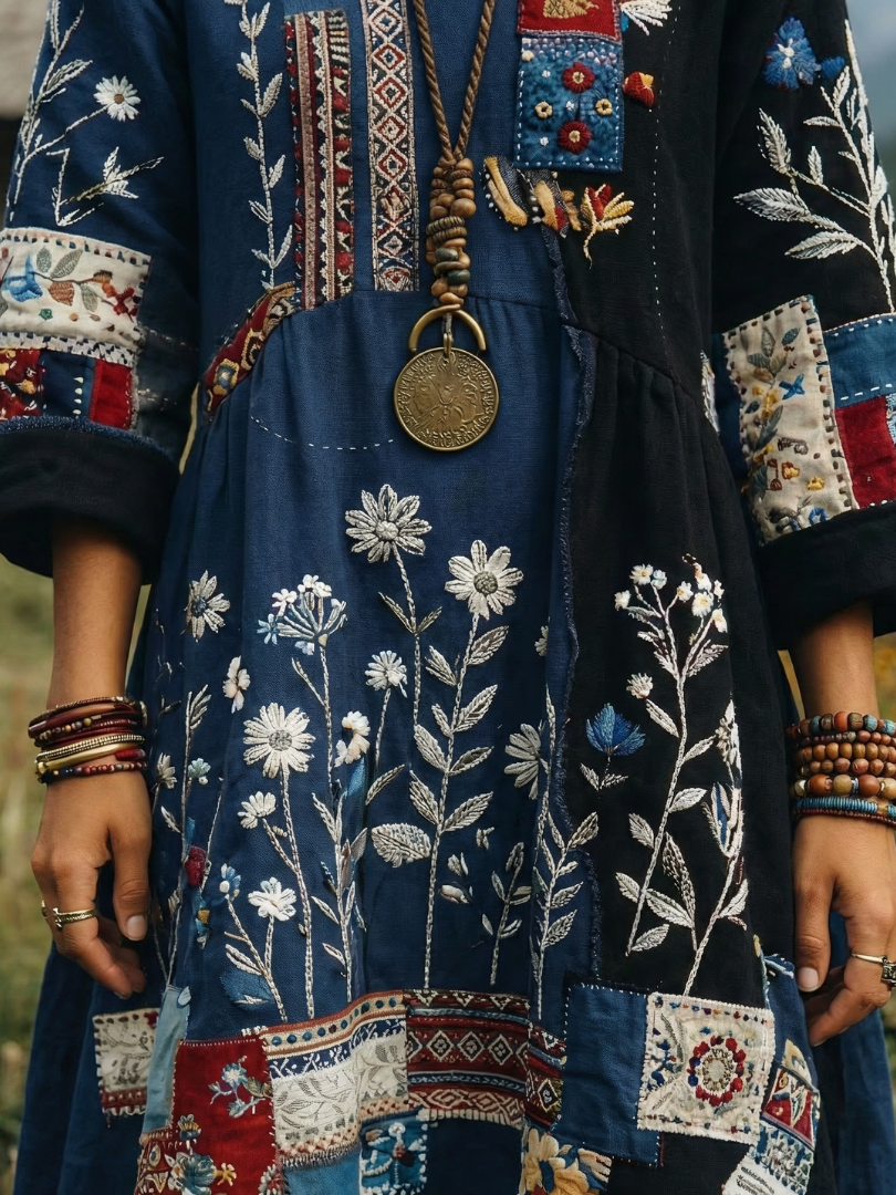 Coletta | Embroidered Panel Long Sleeve Midi Dress
