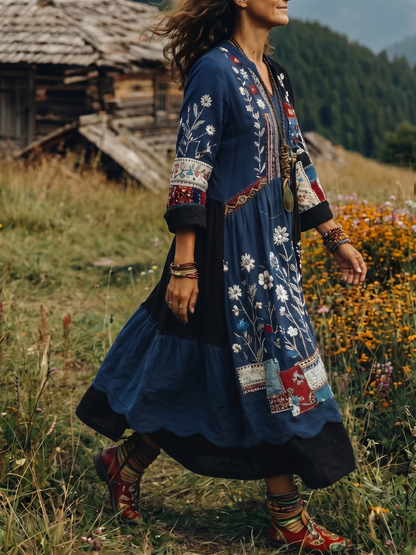 Coletta | Embroidered Panel Long Sleeve Midi Dress