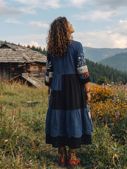 Coletta | Embroidered Panel Long Sleeve Midi Dress