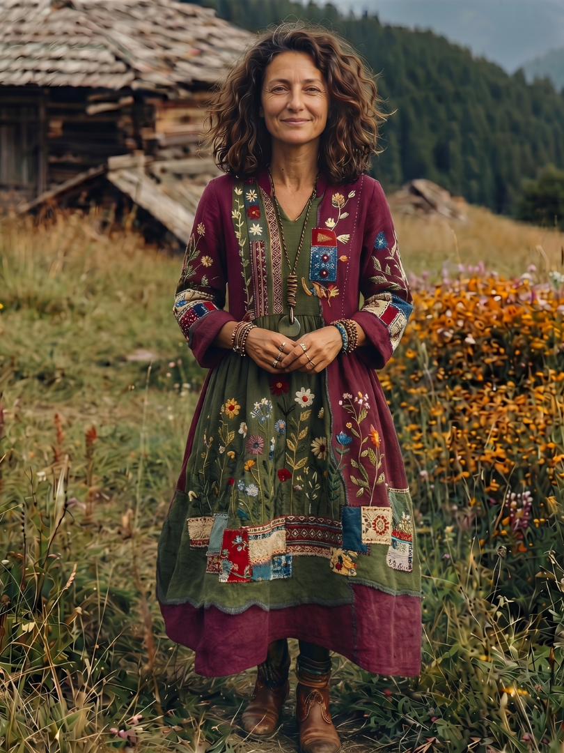 Coletta | Embroidered Panel Long Sleeve Midi Dress