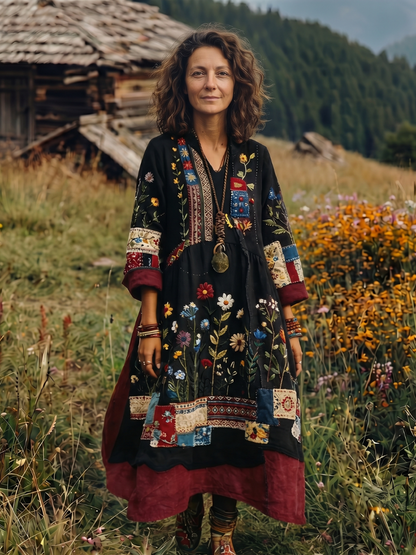 Coletta | Embroidered Panel Long Sleeve Midi Dress
