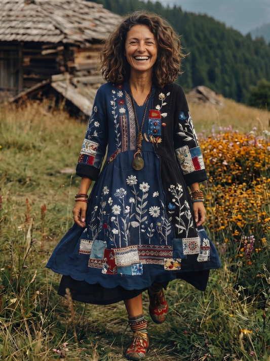 Coletta | Embroidered Panel Long Sleeve Midi Dress