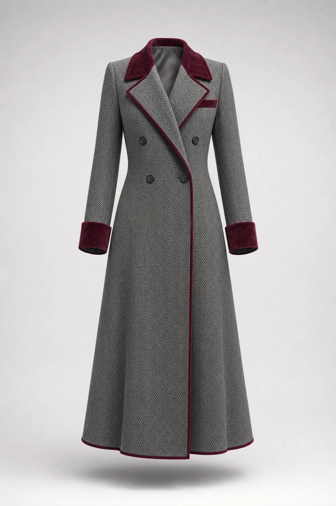 Constance | Abrigo de lana con diseño de espiga y ribete de terciopelo