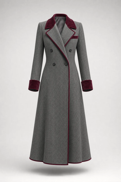 Constance | Abrigo de lana con diseño de espiga y ribete de terciopelo