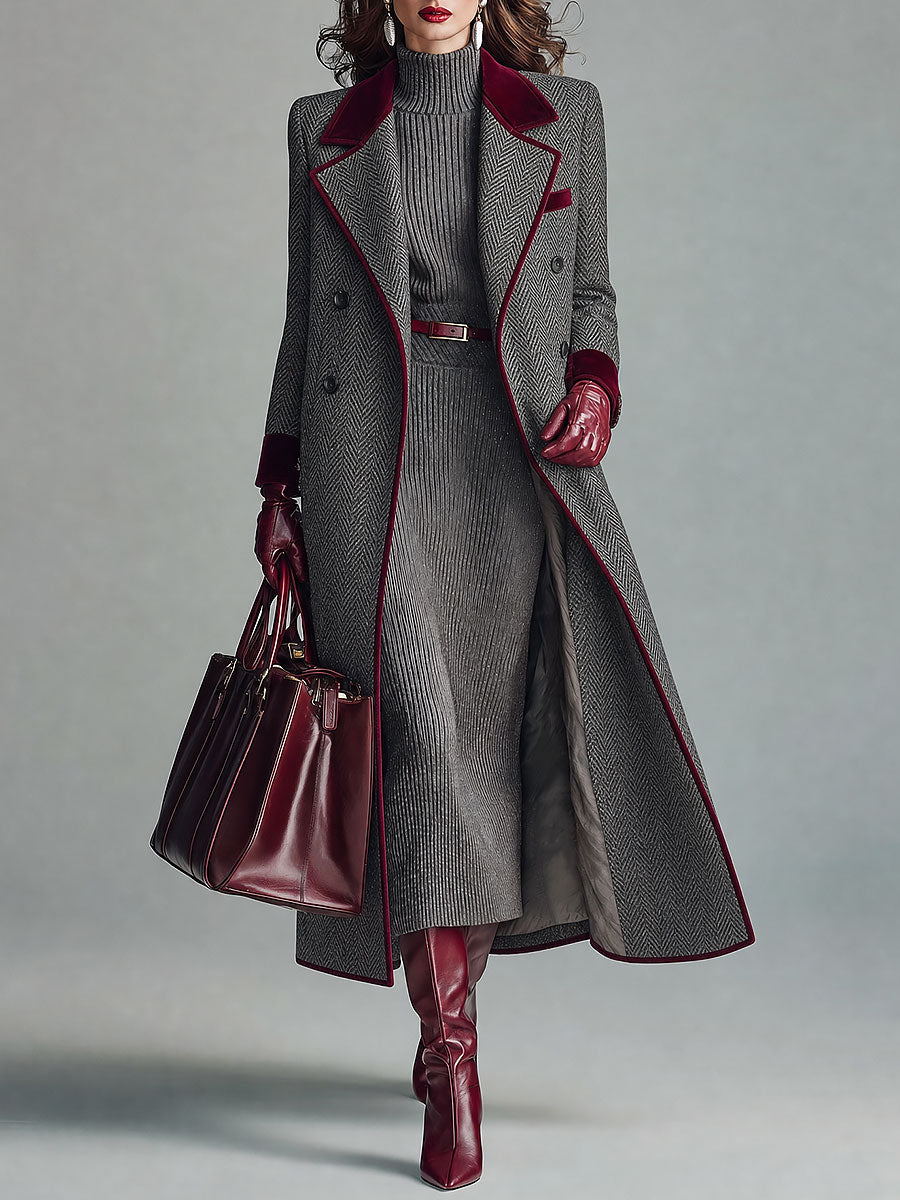 Constance | Abrigo de lana con diseño de espiga y ribete de terciopelo