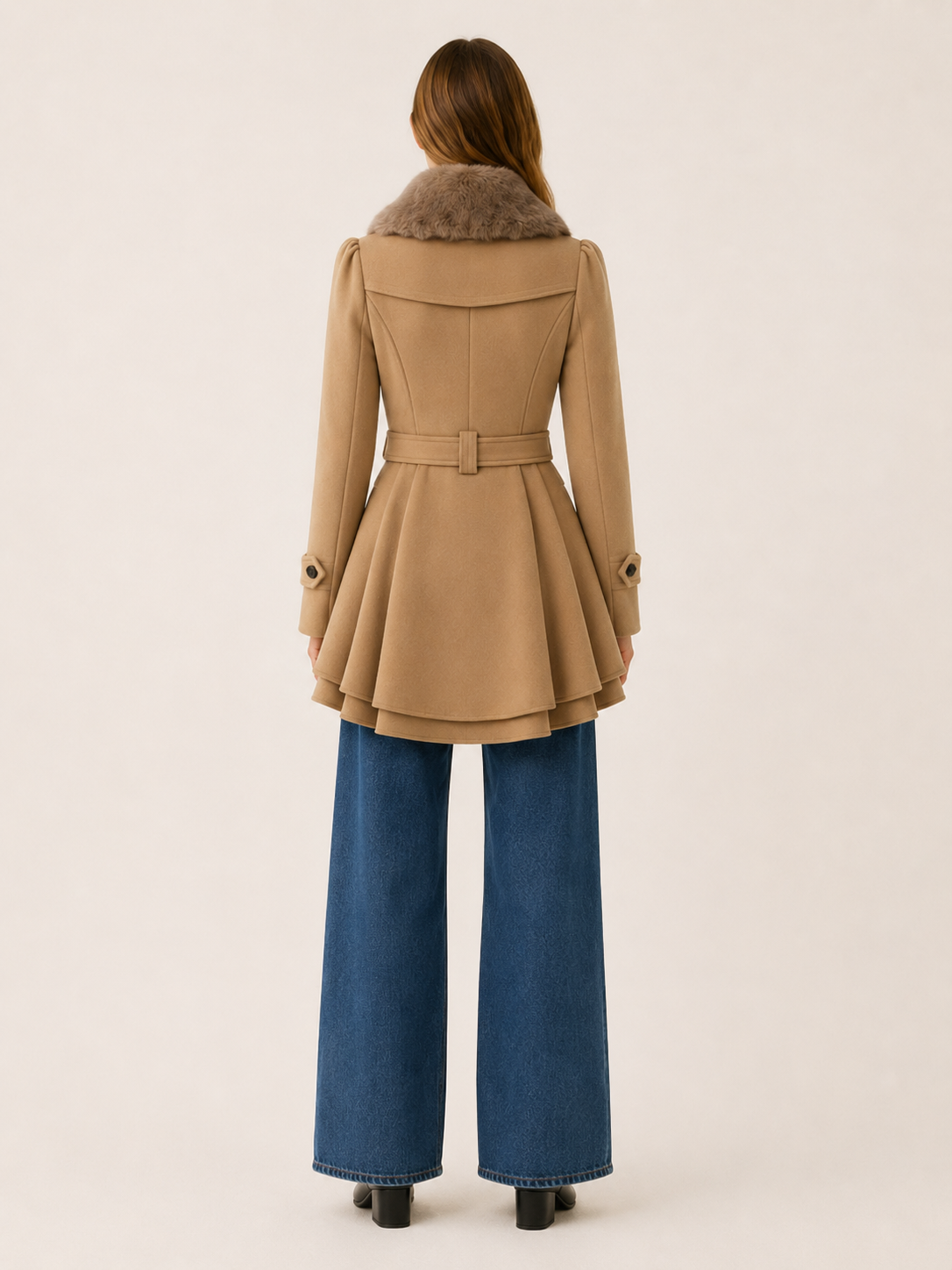 Cybele | Faux Fur Collar Double Breasted Flared Trench Coat