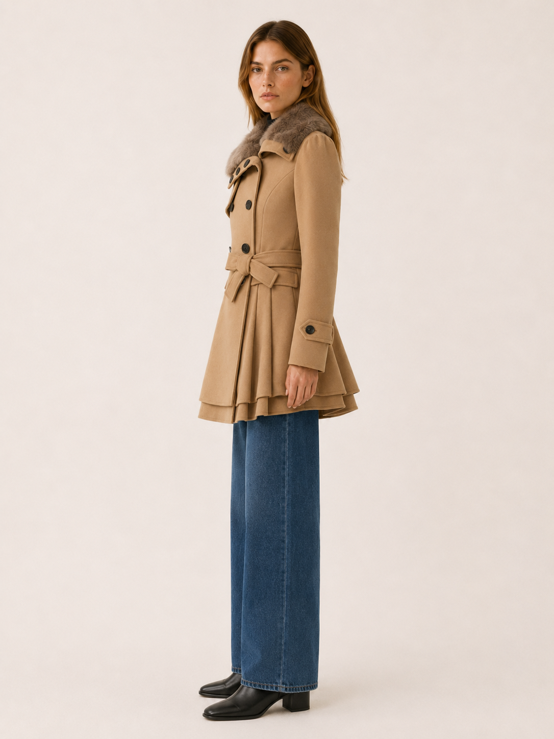 Cybele | Faux Fur Collar Double Breasted Flared Trench Coat