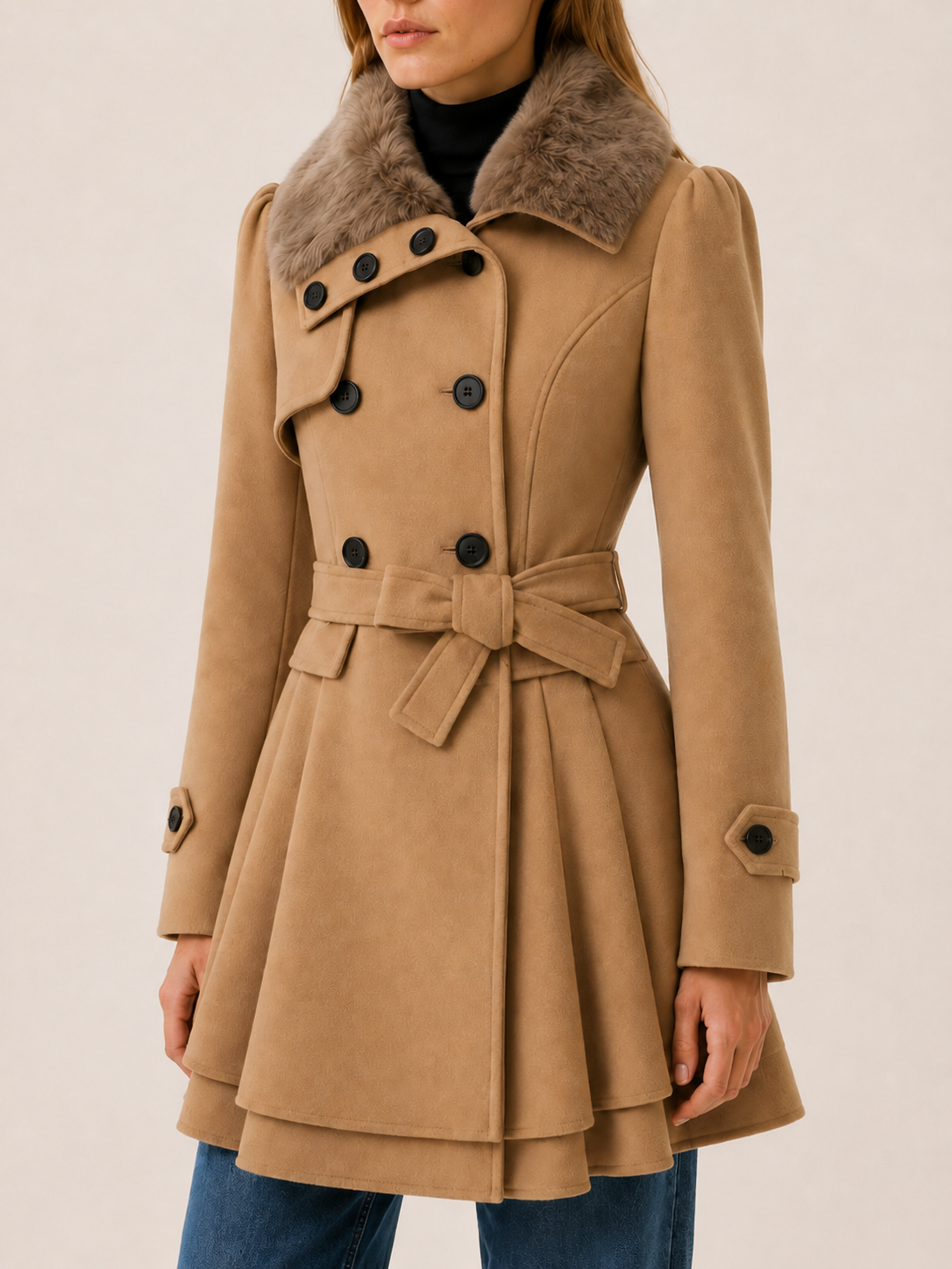 Cybele | Faux Fur Collar Double Breasted Flared Trench Coat