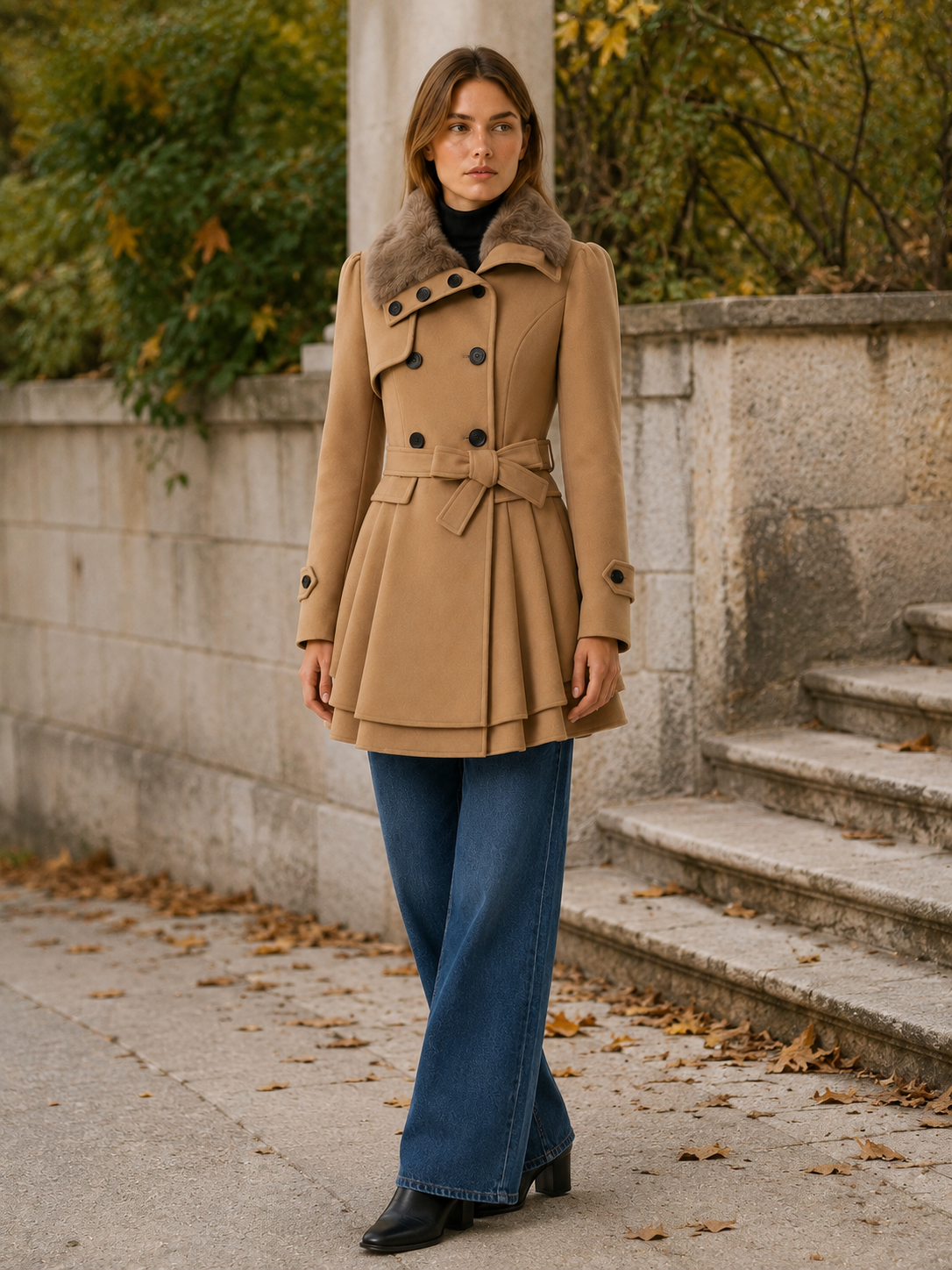 Cybele | Faux Fur Collar Double Breasted Flared Trench Coat