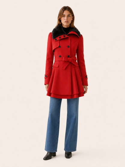 Cybele | Faux Fur Collar Double Breasted Flared Trench Coat
