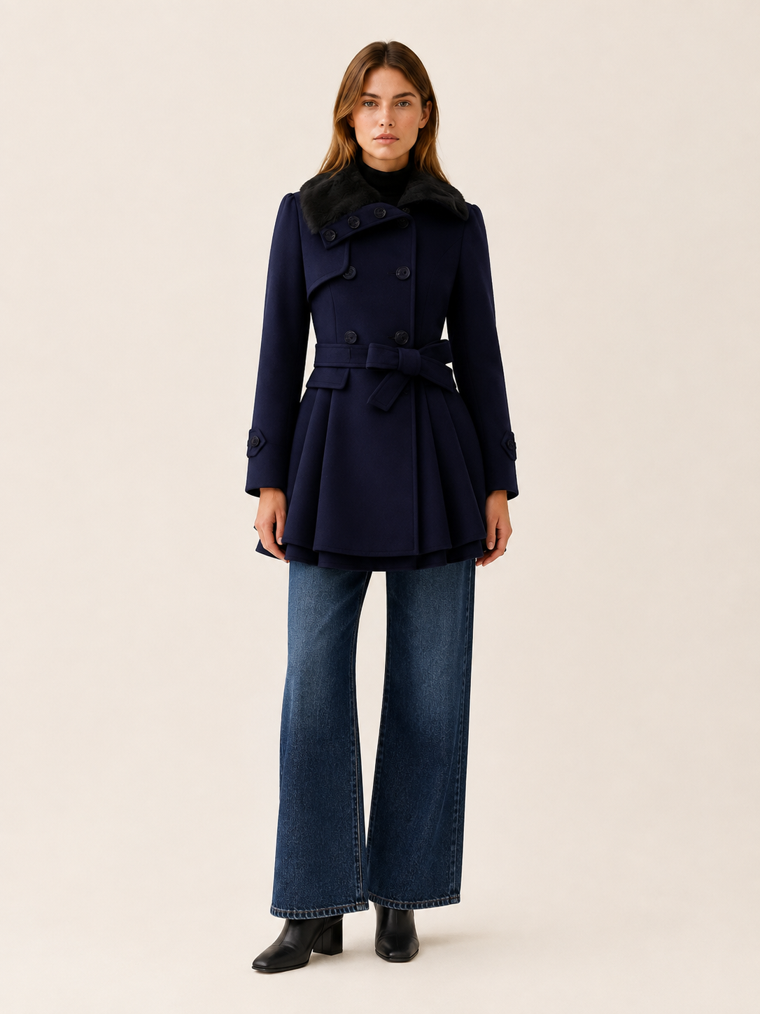 Cybele | Faux Fur Collar Double Breasted Flared Trench Coat