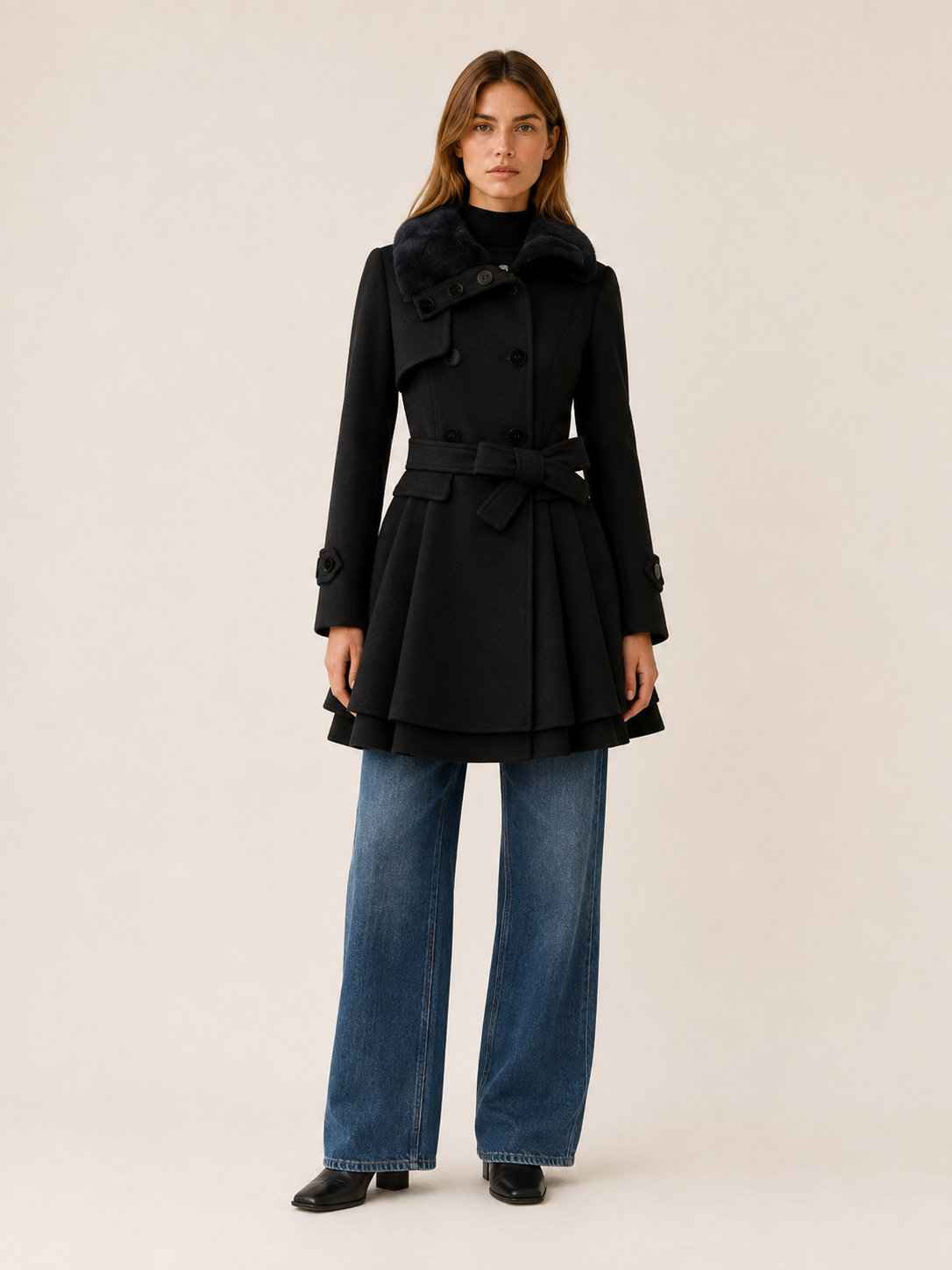 Cybele | Faux Fur Collar Double Breasted Flared Trench Coat