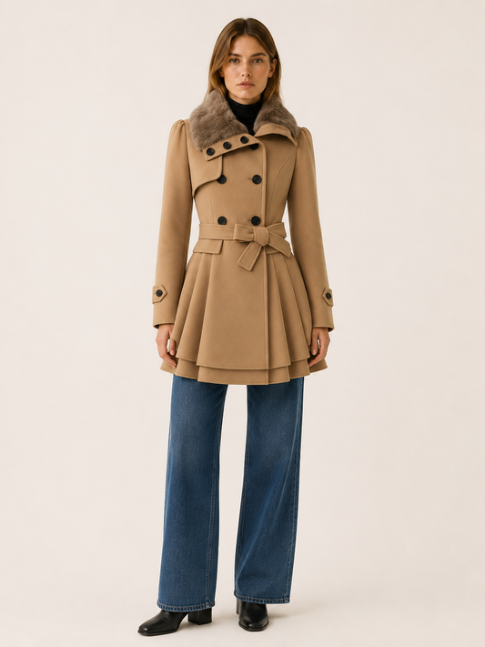 Cybele | Faux Fur Collar Double Breasted Flared Trench Coat