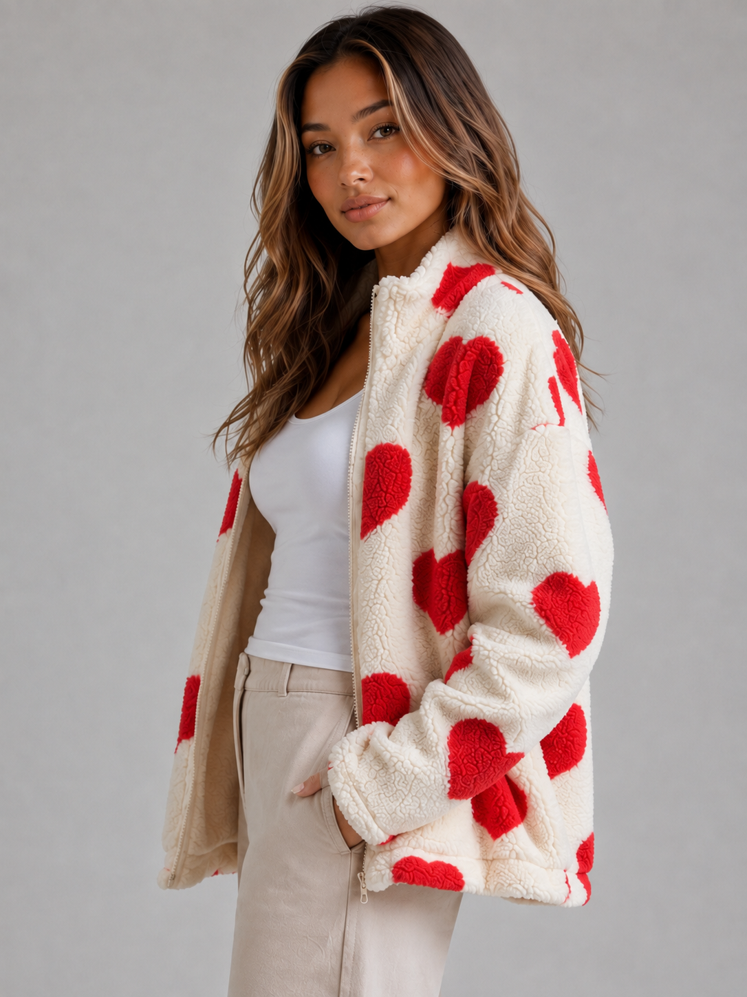 Donna | Veste zippée en polaire teddy à imprimé cœurs