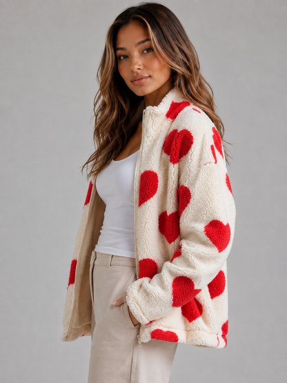 Donna | Veste zippée en polaire teddy à imprimé cœurs