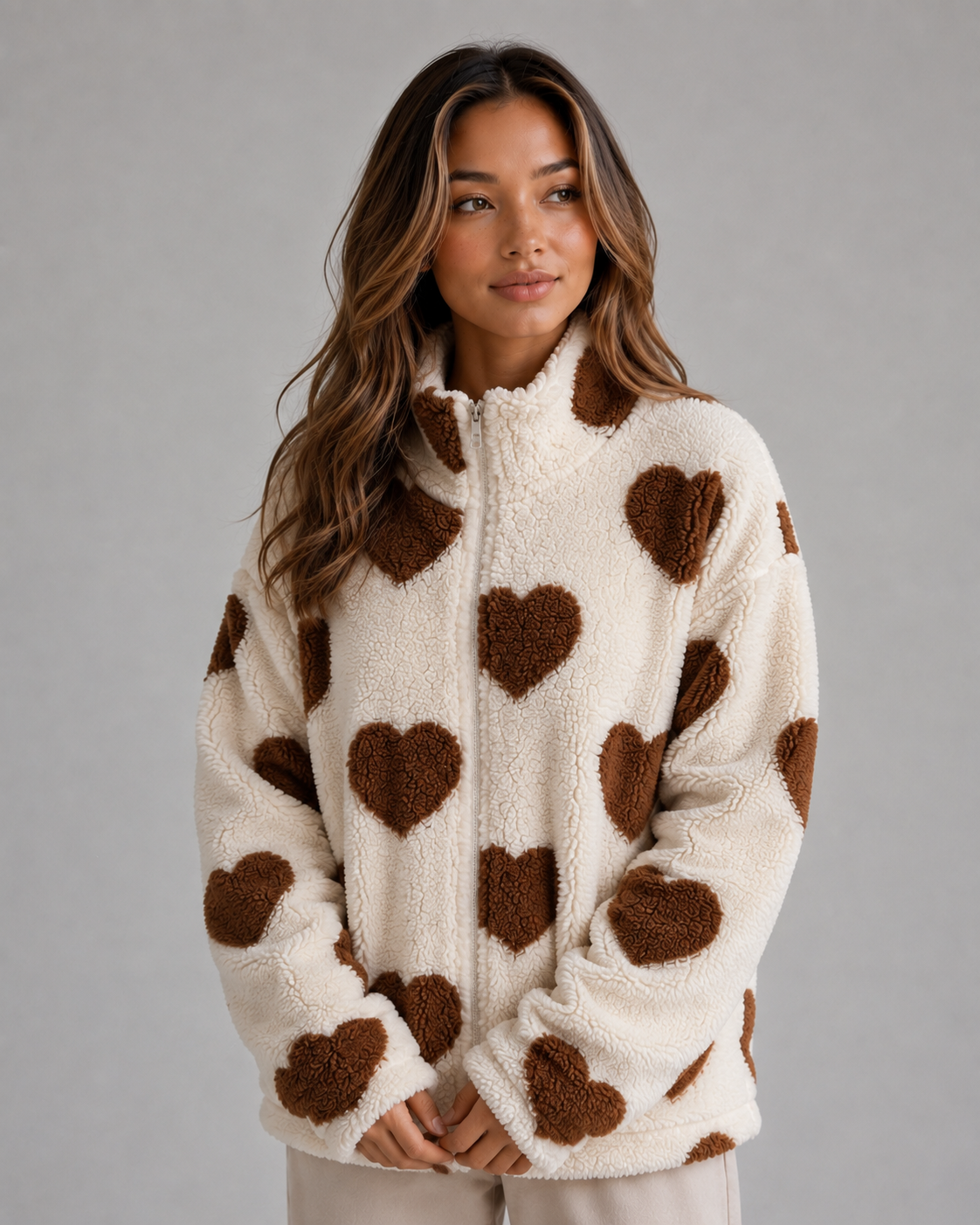 Donna | Veste zippée en polaire teddy à imprimé cœurs