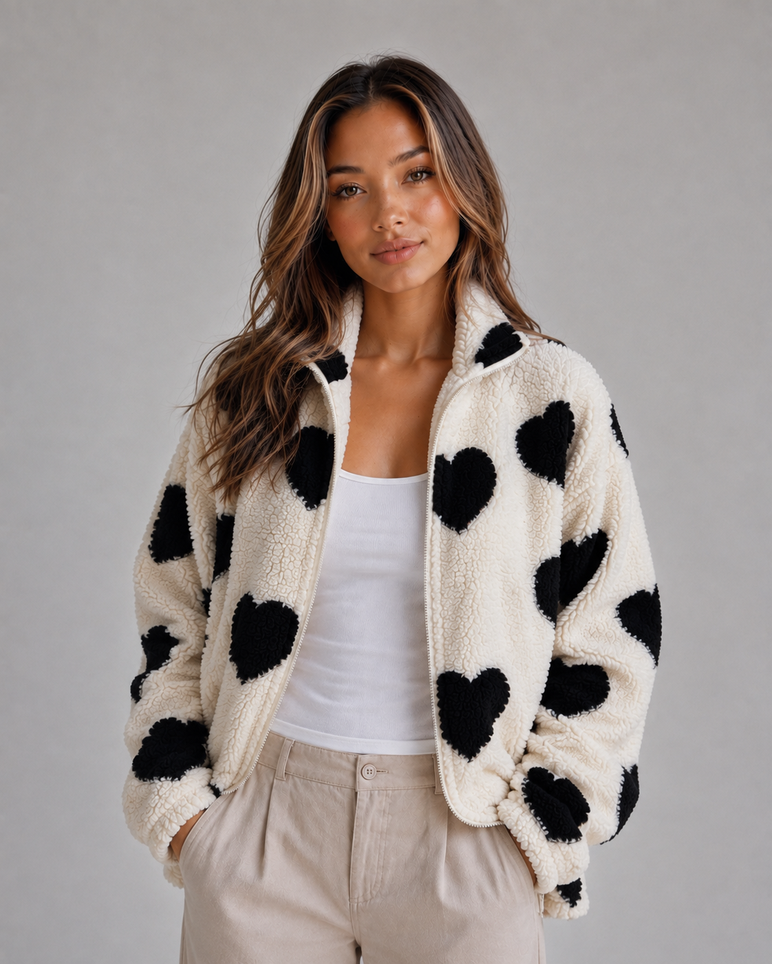 Donna | Veste zippée en polaire teddy à imprimé cœurs