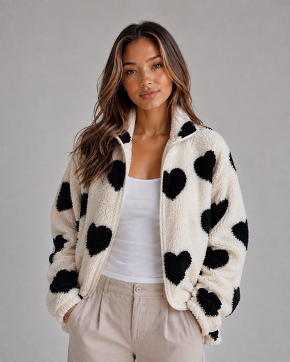 Donna | Veste zippée en polaire teddy à imprimé cœurs