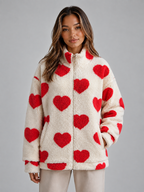 Donna | Veste zippée en polaire teddy à imprimé cœurs