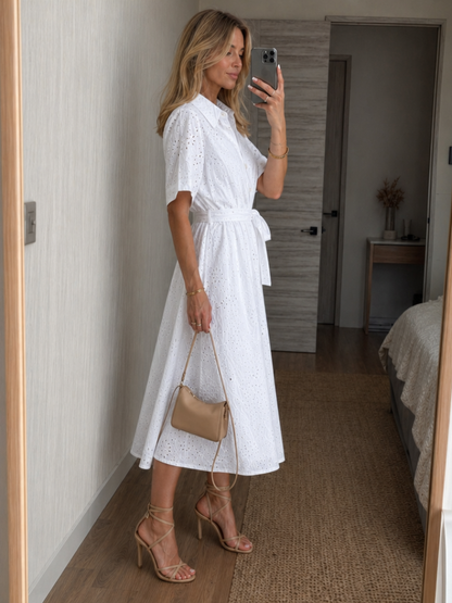 Eden | Short Sleeve Button Front Waist Tie Midi Dress