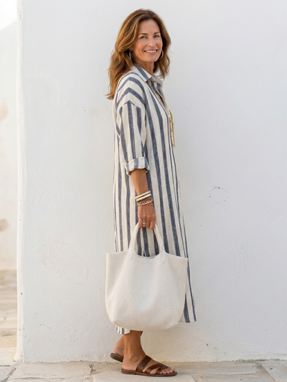 Elanor | Long Sleeve Striped Midi Shirt Dress