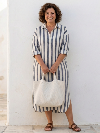 Elanor | Long Sleeve Striped Midi Shirt Dress