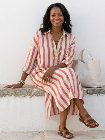 Elanor | Long Sleeve Striped Midi Shirt Dress
