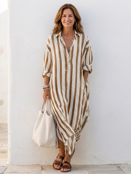 Elanor | Long Sleeve Striped Midi Shirt Dress