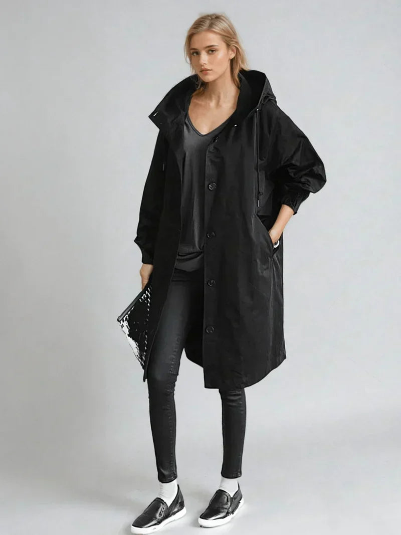 Elara | Oversized Hooded Button Up Long Raincoat