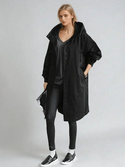 Elara | Oversized Hooded Button Up Long Raincoat