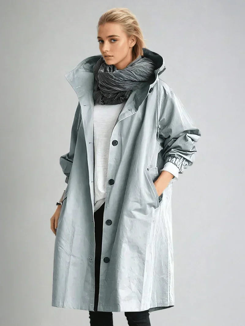 Elara | Oversized Hooded Button Up Long Raincoat