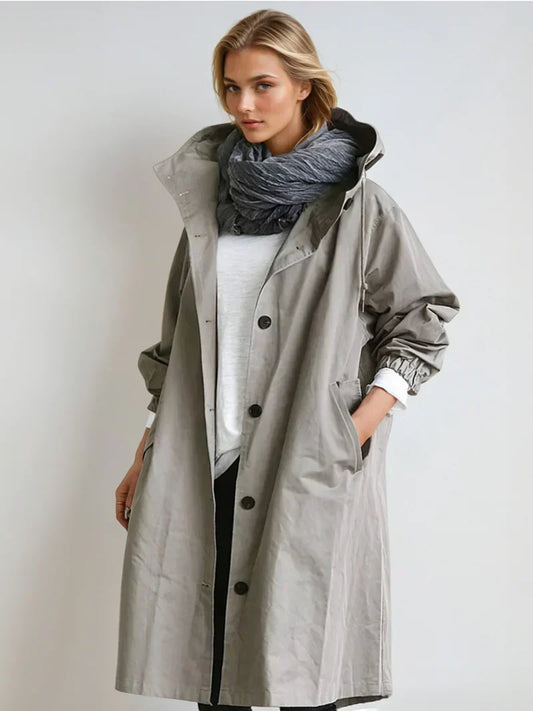 Elara | Oversized Hooded Button Up Long Raincoat