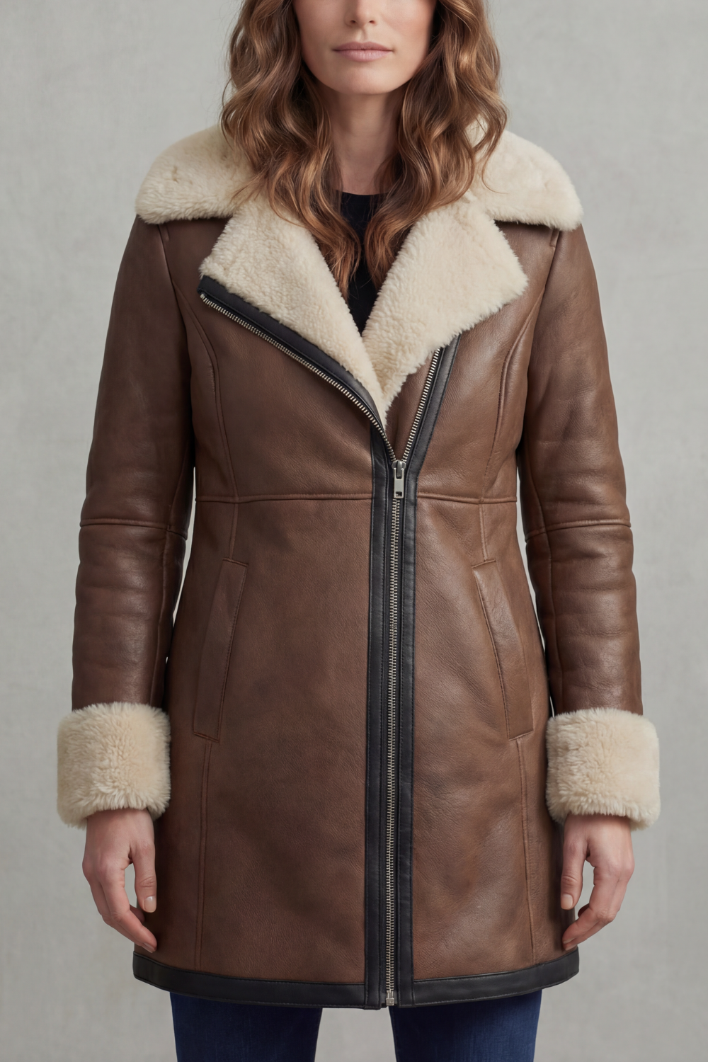 Elisara | Shearling Collar Leather Winter Coat