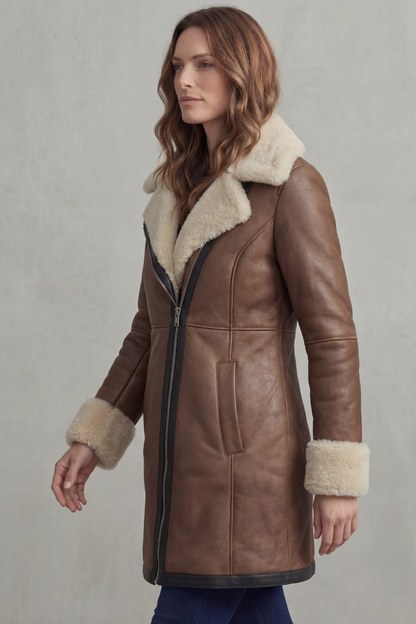 Elisara | Shearling Collar Leather Winter Coat