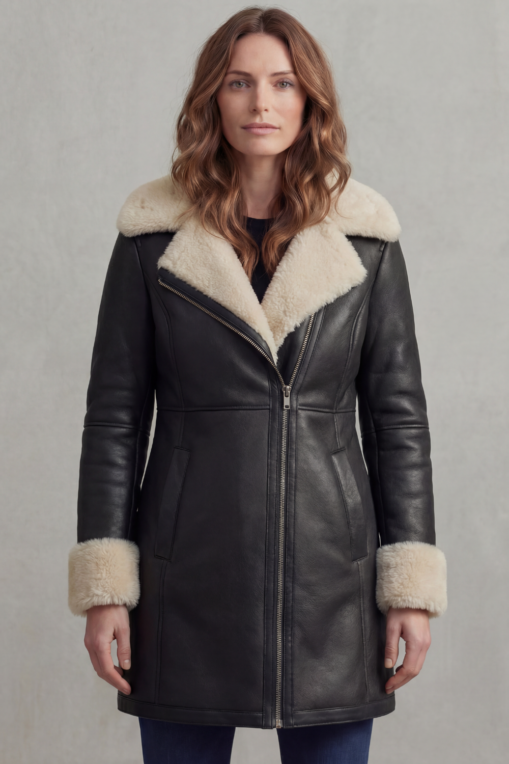 Elisara | Shearling Collar Leather Winter Coat